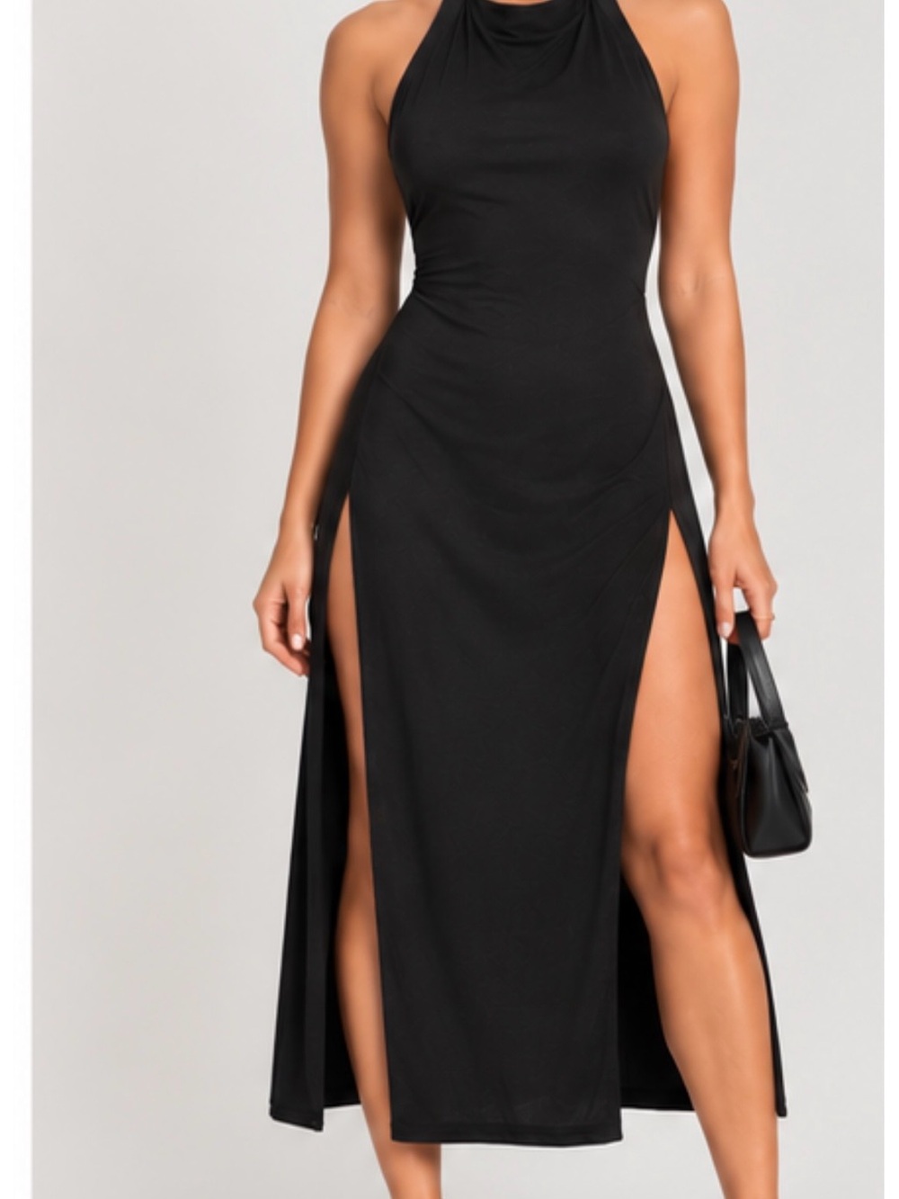 naked wardrobe Black Halter Midi Dress with High Side Slits